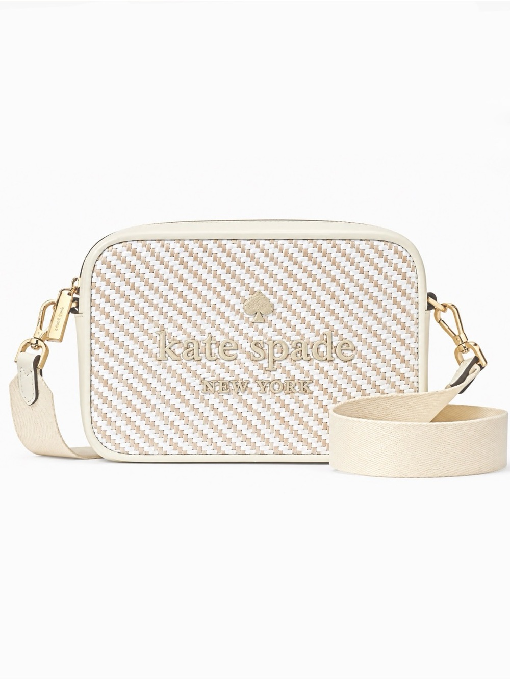 New Kate Spade Oh Snap Straw Woven Camera Crossbody Bag Beige MSRP $299